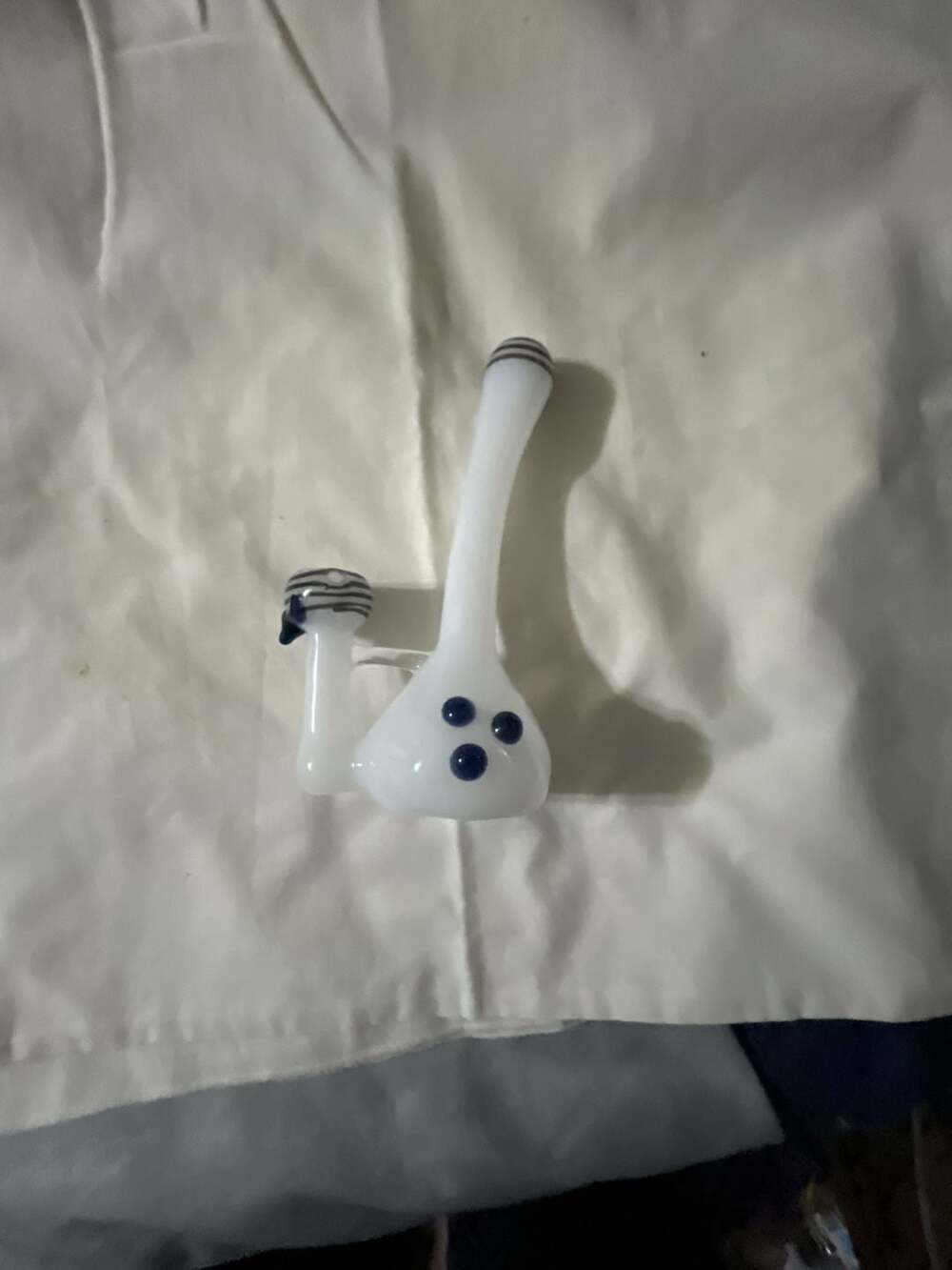 White Glass Bubbler Piece with Blue Polka Dot Accents and Striped Mouthpiece